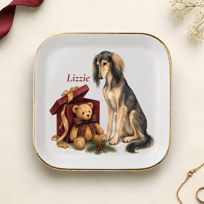 Personalized Saluki Christmas jewelry dish with gold rim