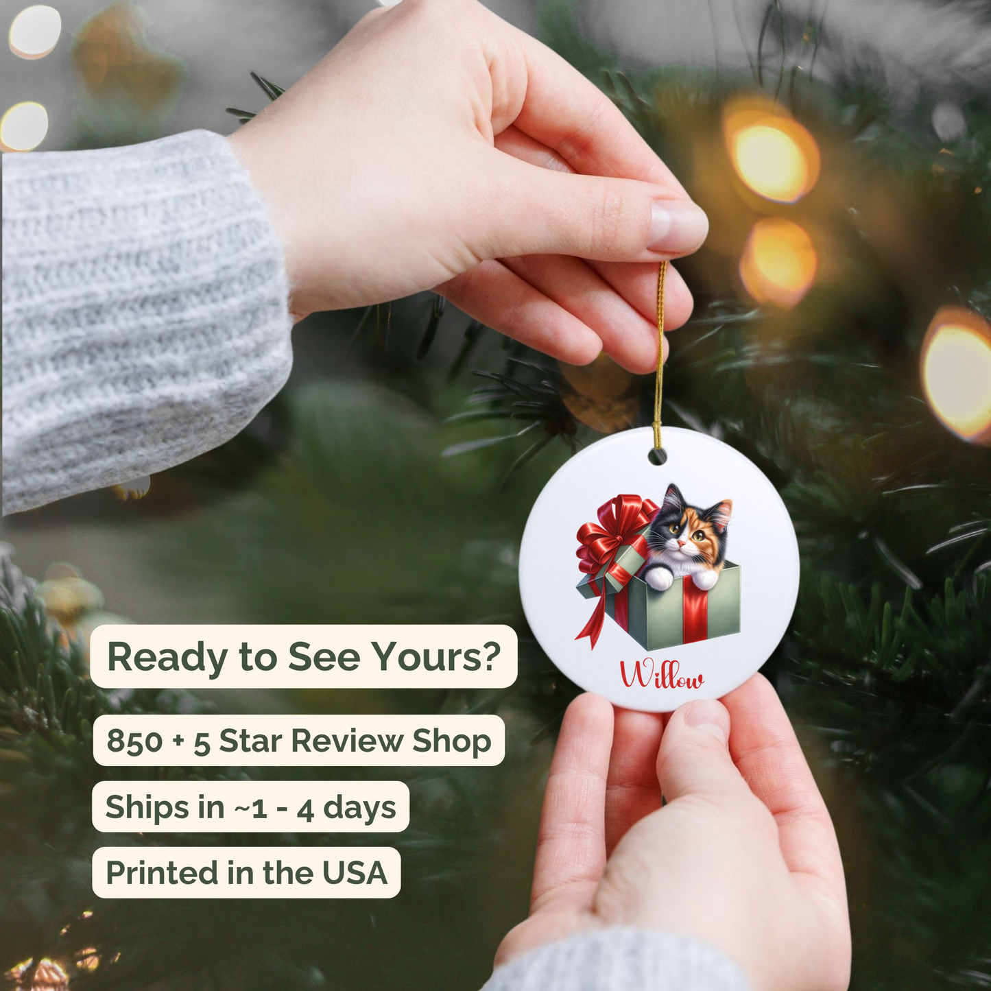 Calico Cat Ornament with Custom Name