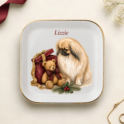 Personalized Pekingese Christmas jewelry dish with gold rim