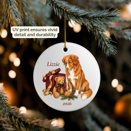 Personalized Nova Scotia Duck Tolling Retriever ornament hanging on a lit Christmas tree