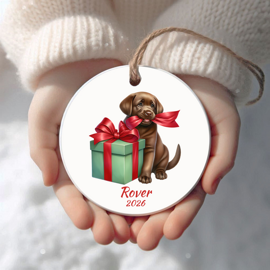Personalized chocolate Labrador Retriever Christmas ornament held in cupped hands