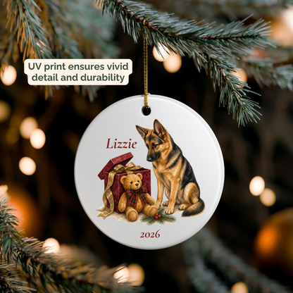 Personalized German Shepherd ornament hanging on a lit Christmas tree