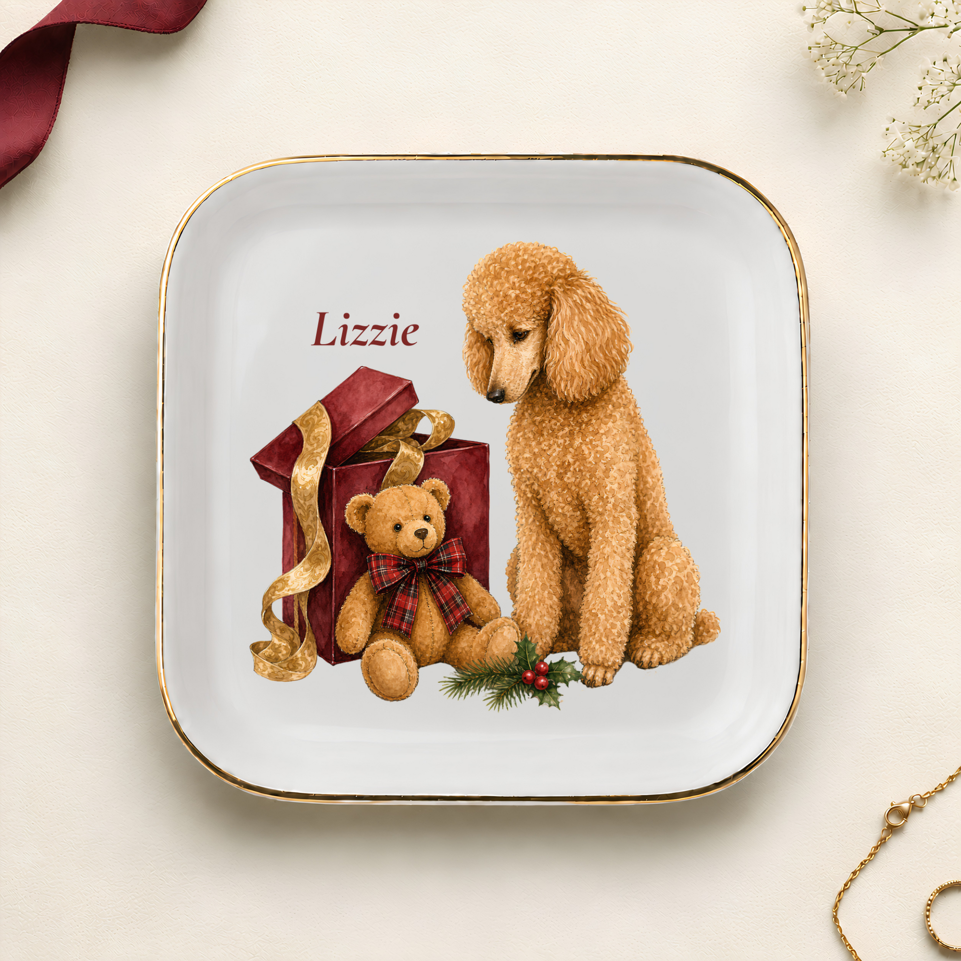 Personalized Standard Poodle Christmas jewelry dish with gold rim