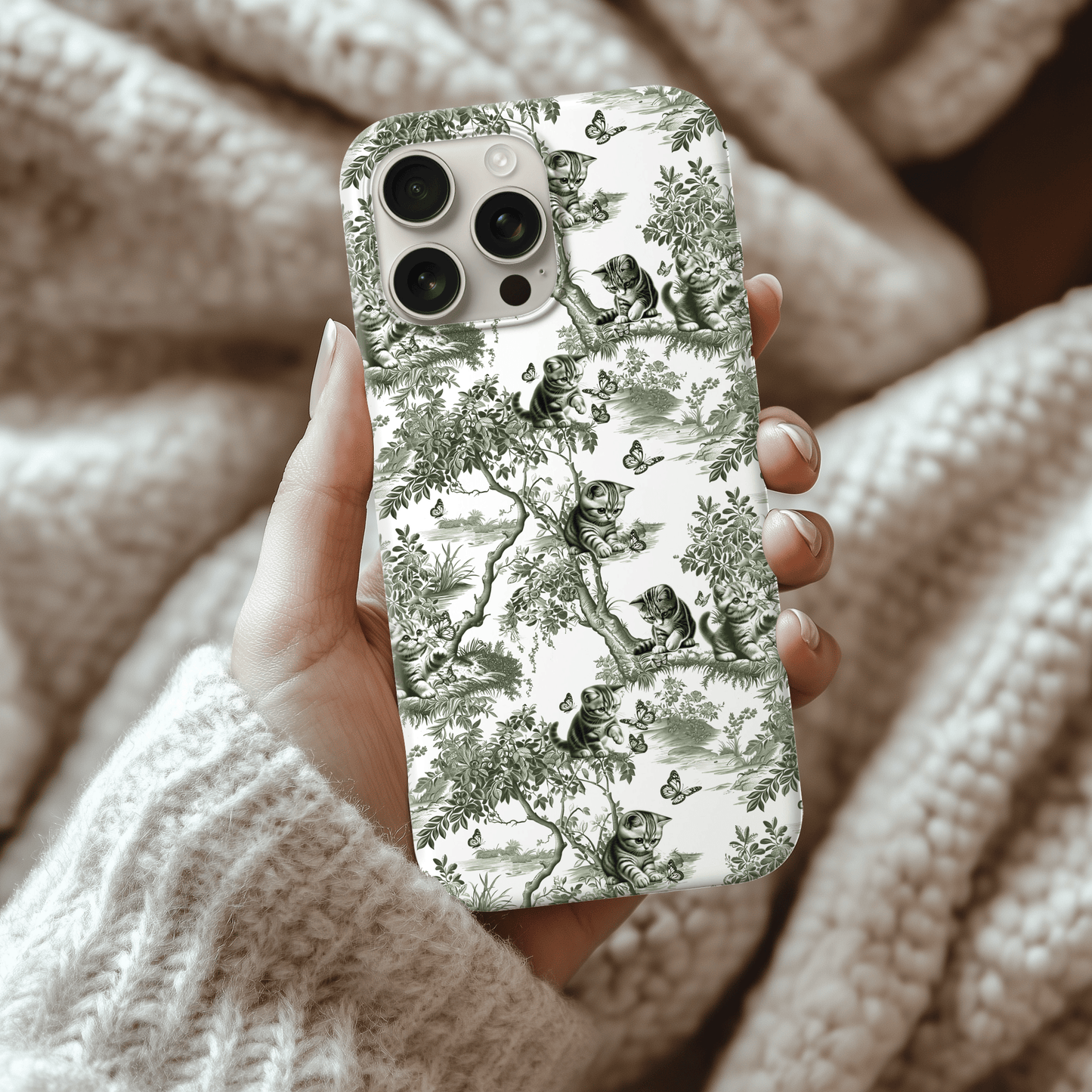 Cat Phone Case - Sage Green Toile Pattern
