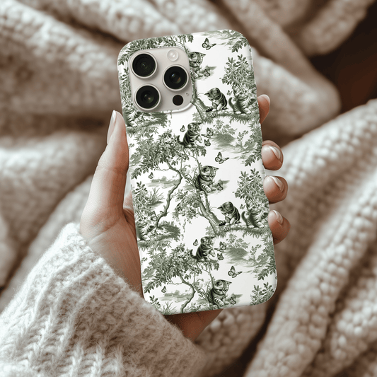 Cat Phone Case - Sage Green Toile Pattern