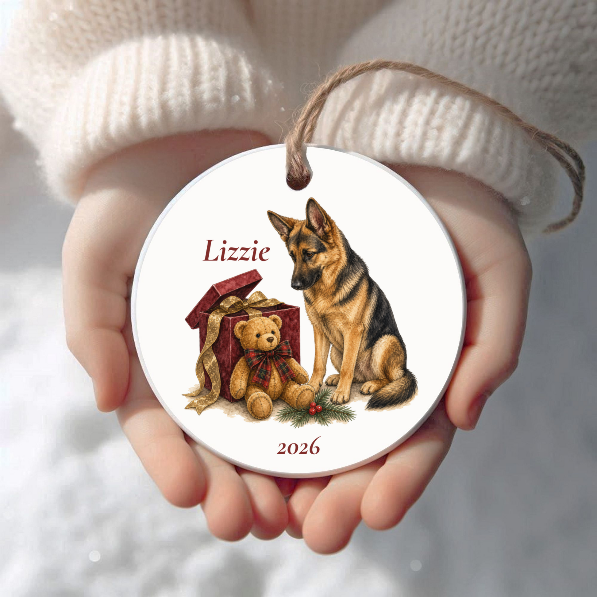 Personalized German Shepherd Christmas ornament held in cupped hands