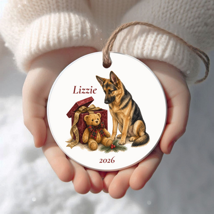 Personalized German Shepherd Christmas ornament held in cupped hands