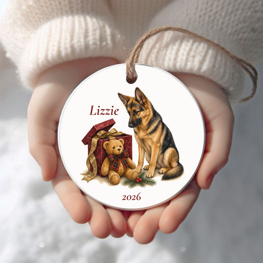 Personalized German Shepherd Christmas ornament held in cupped hands