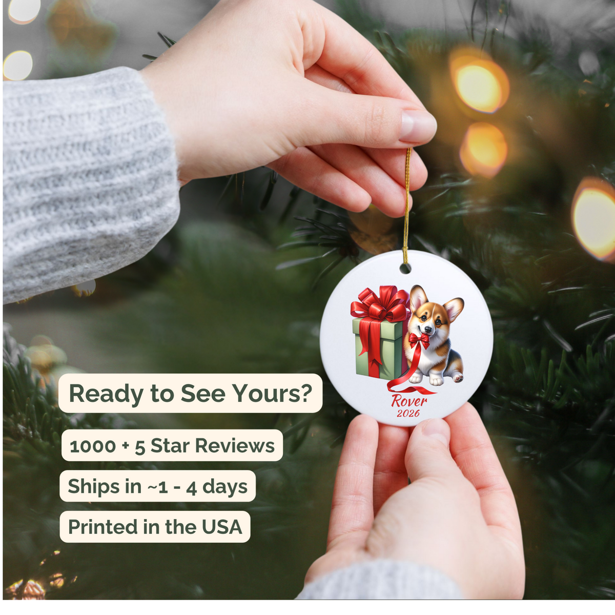 Hand holding a personalized Corgi ceramic ornament beside a Christmas tree