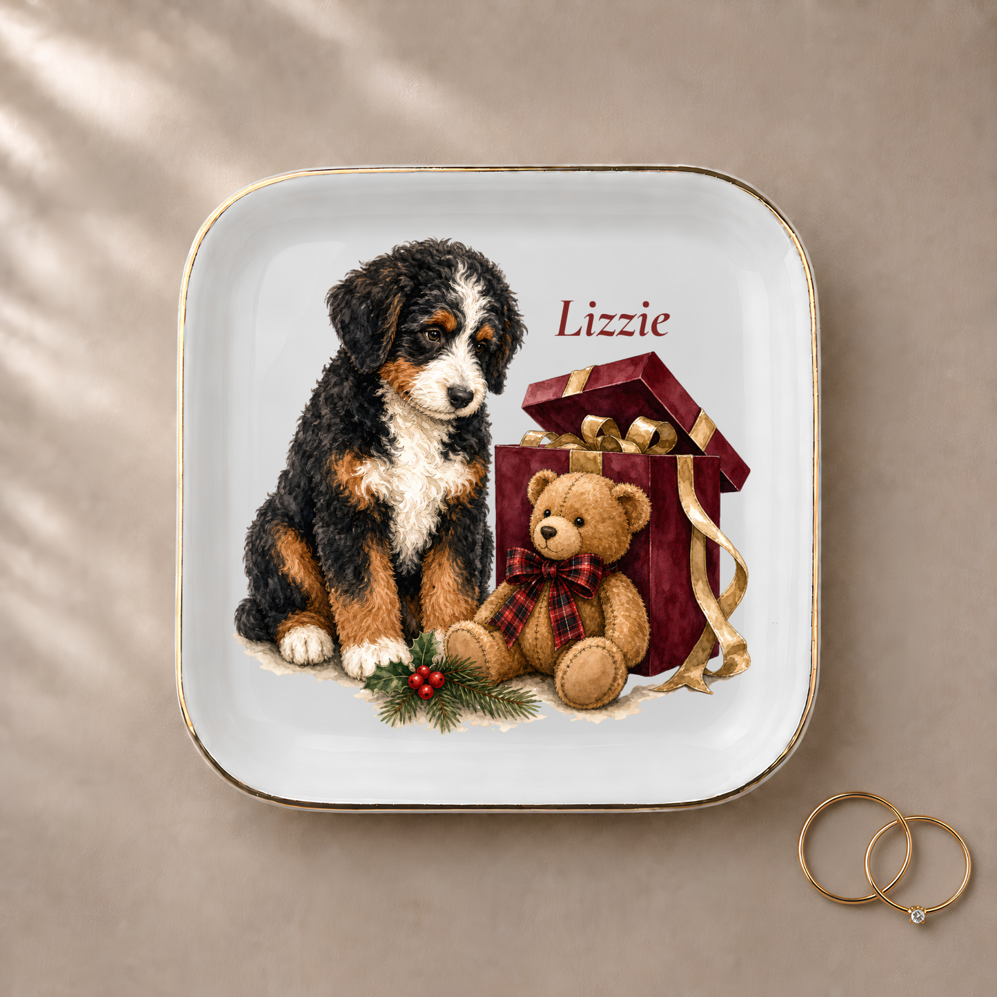 Bernedoodle jewelry dish styled with gold rings and a personalized name