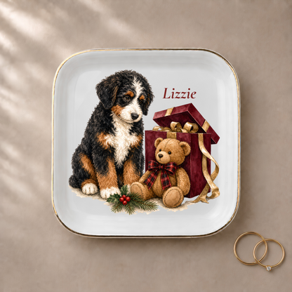 Bernedoodle jewelry dish styled with gold rings and a personalized name