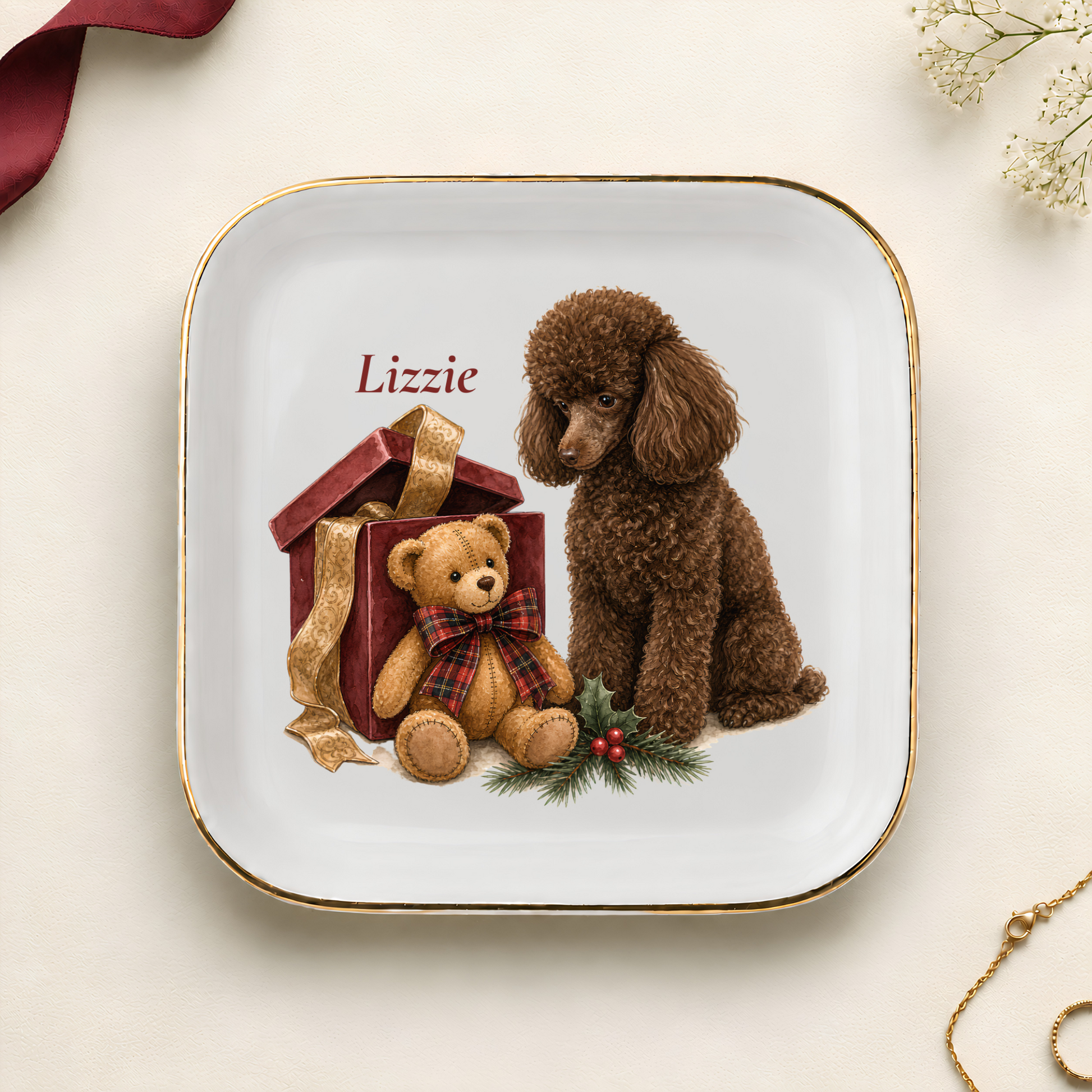 Personalized Miniature Poodle Christmas jewelry dish with gold rim