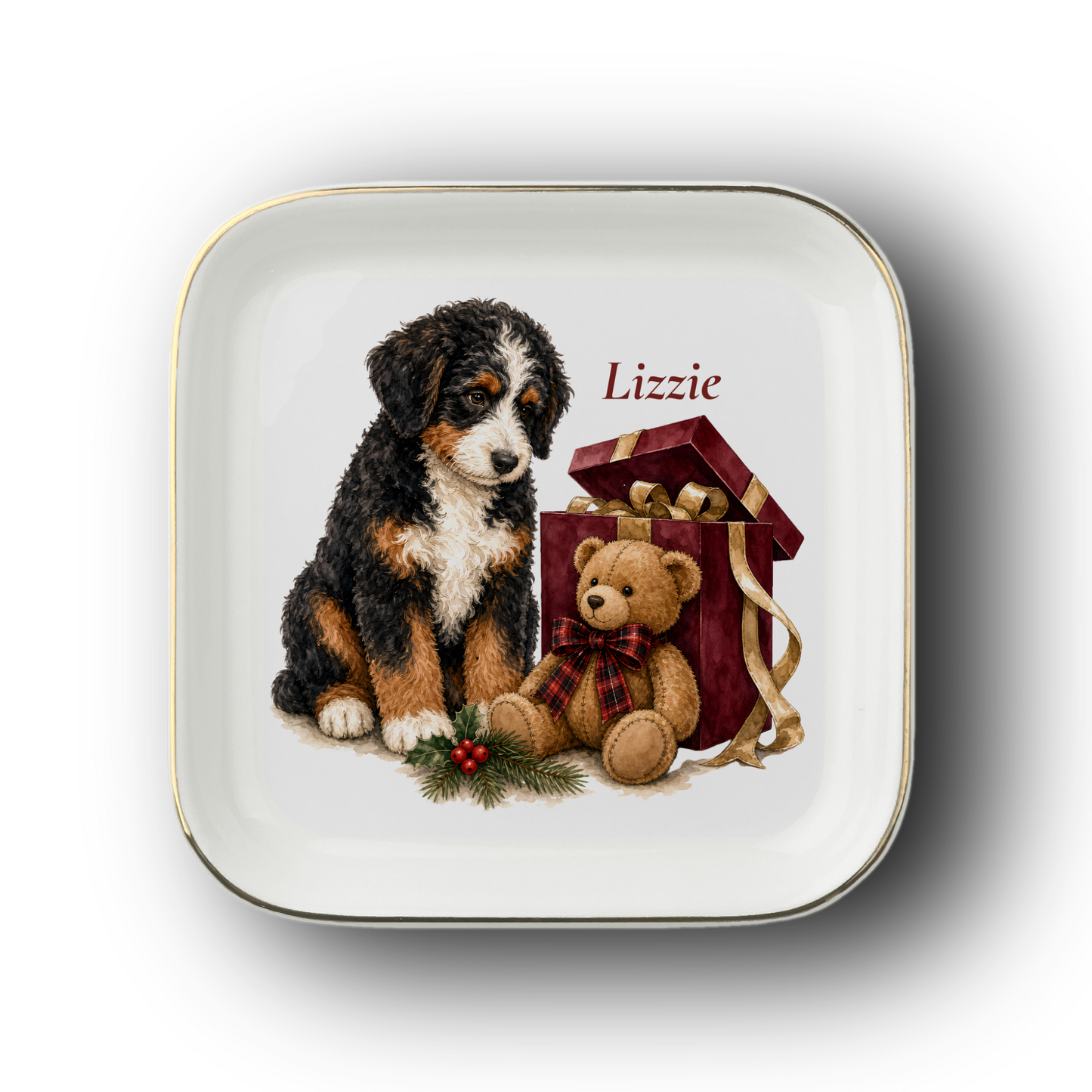 Bernedoodle jewelry dish on a white background