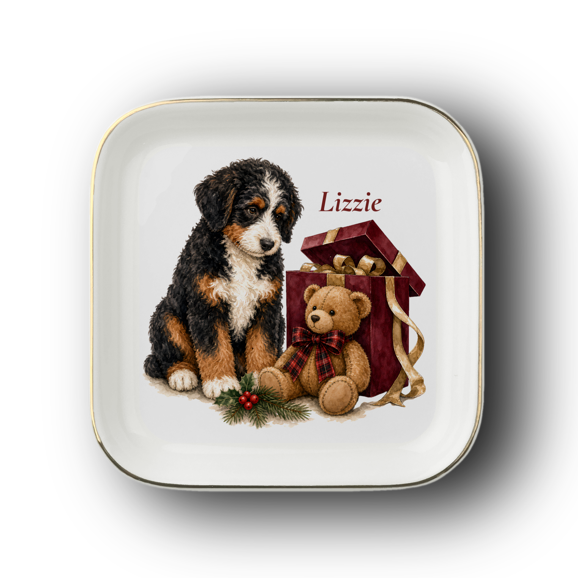 Bernedoodle jewelry dish on a white background
