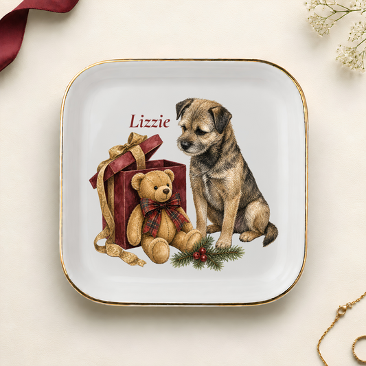 Personalized Border Terrier Christmas jewelry dish with gold rim