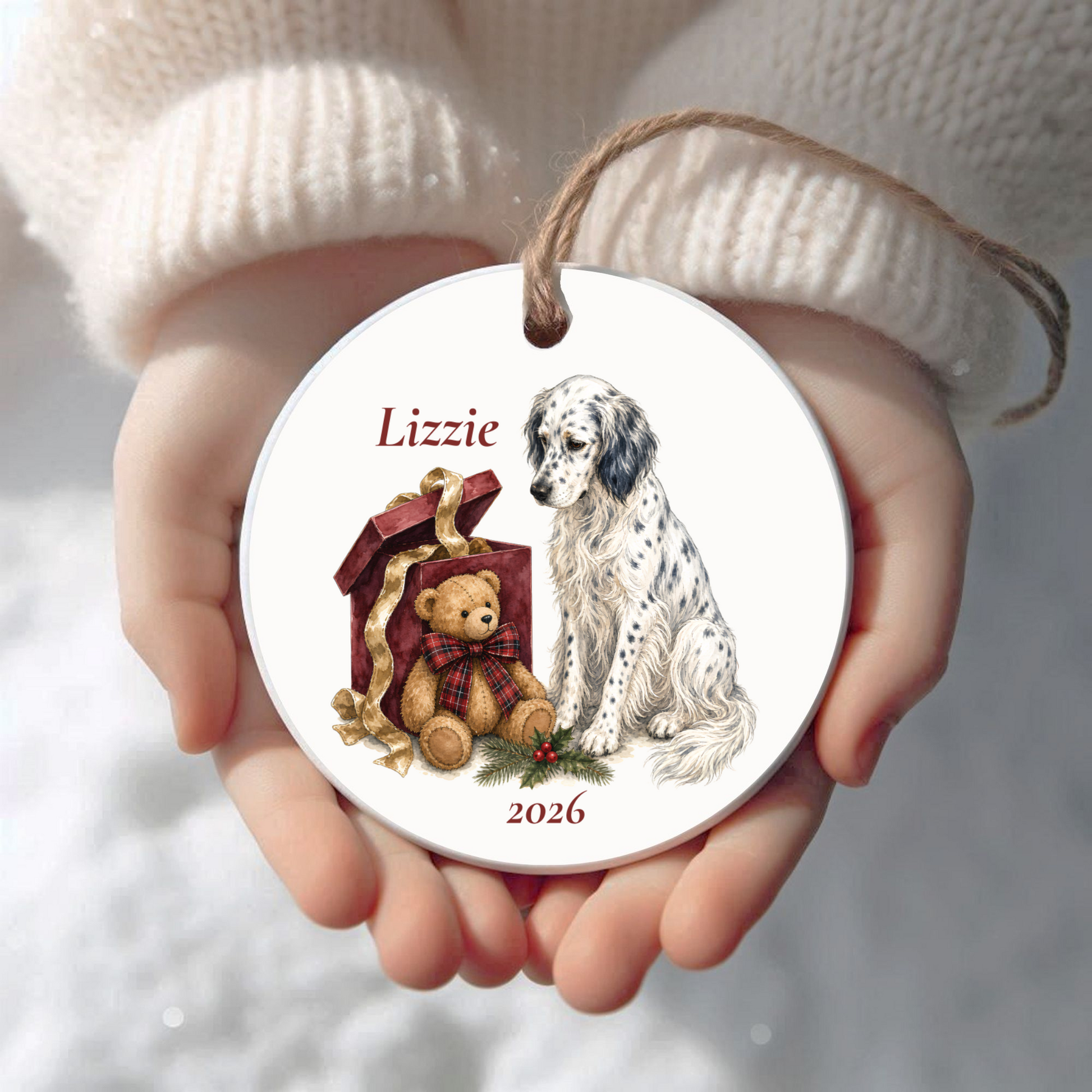 Personalized English Setter Christmas ornament held in cupped hands