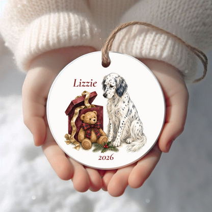 Personalized English Setter Christmas ornament held in cupped hands