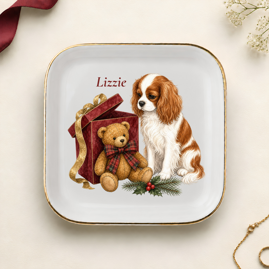 Personalized Cavalier King Charles Spaniel Christmas jewelry dish with gold rim