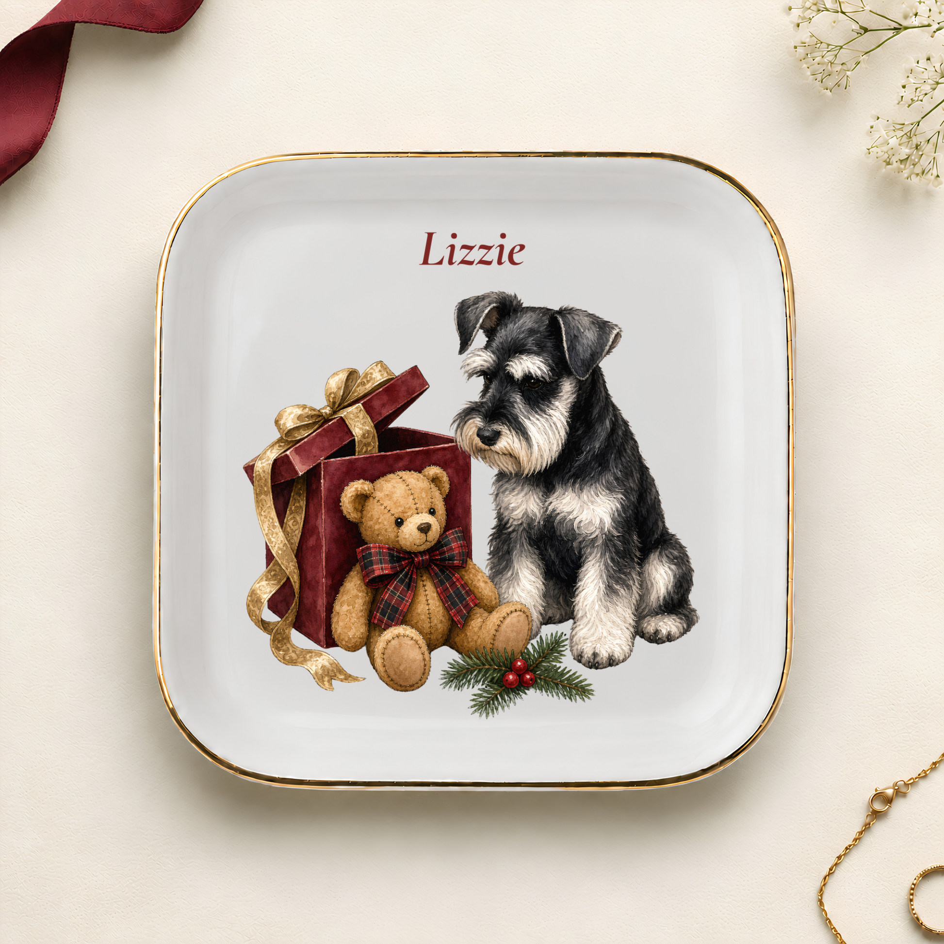 Personalized Miniature Schnauzer Christmas jewelry dish with gold rim