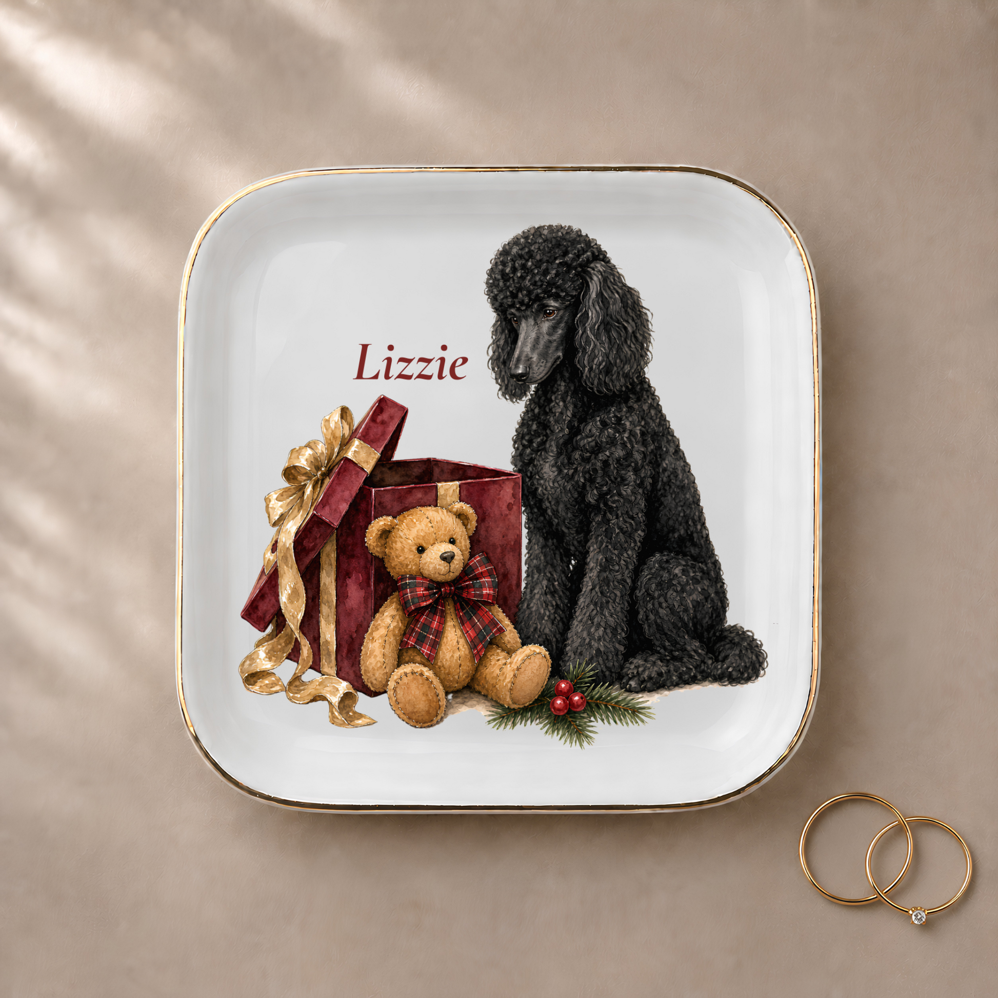 Standard Poodle jewelry dish styled with gold rings and a personalized name