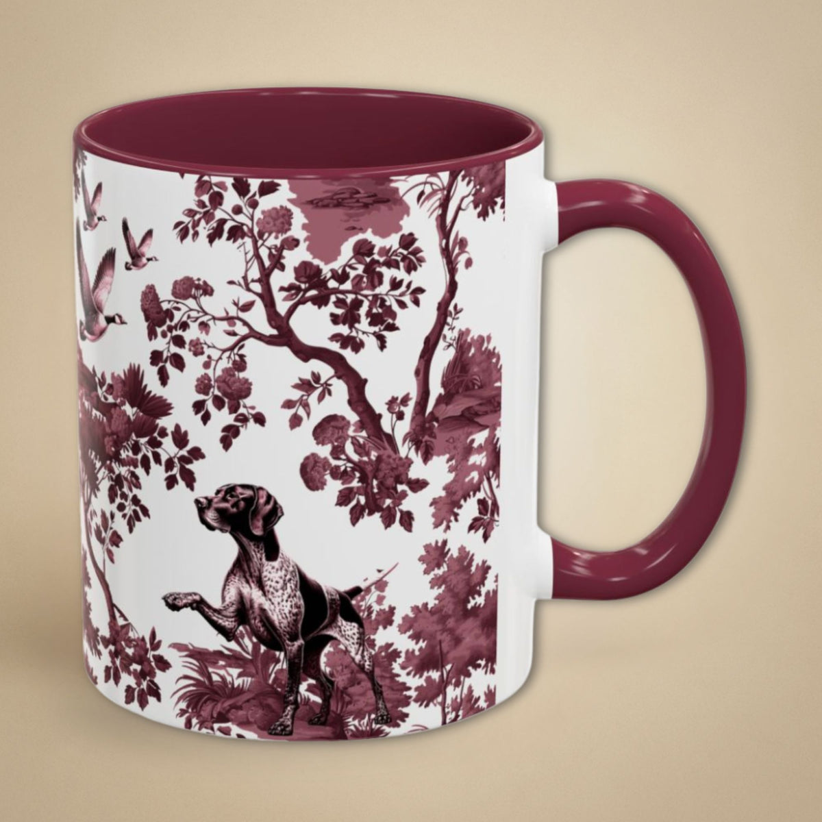 German Shorthaired Pointer cranberry toile 11 oz ceramic mug, right view