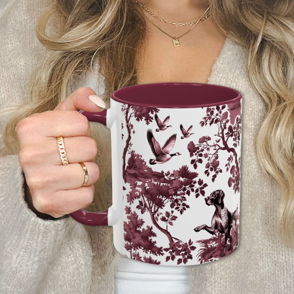 German Shorthaired Pointer cranberry toile 11 oz ceramic mug, left view
