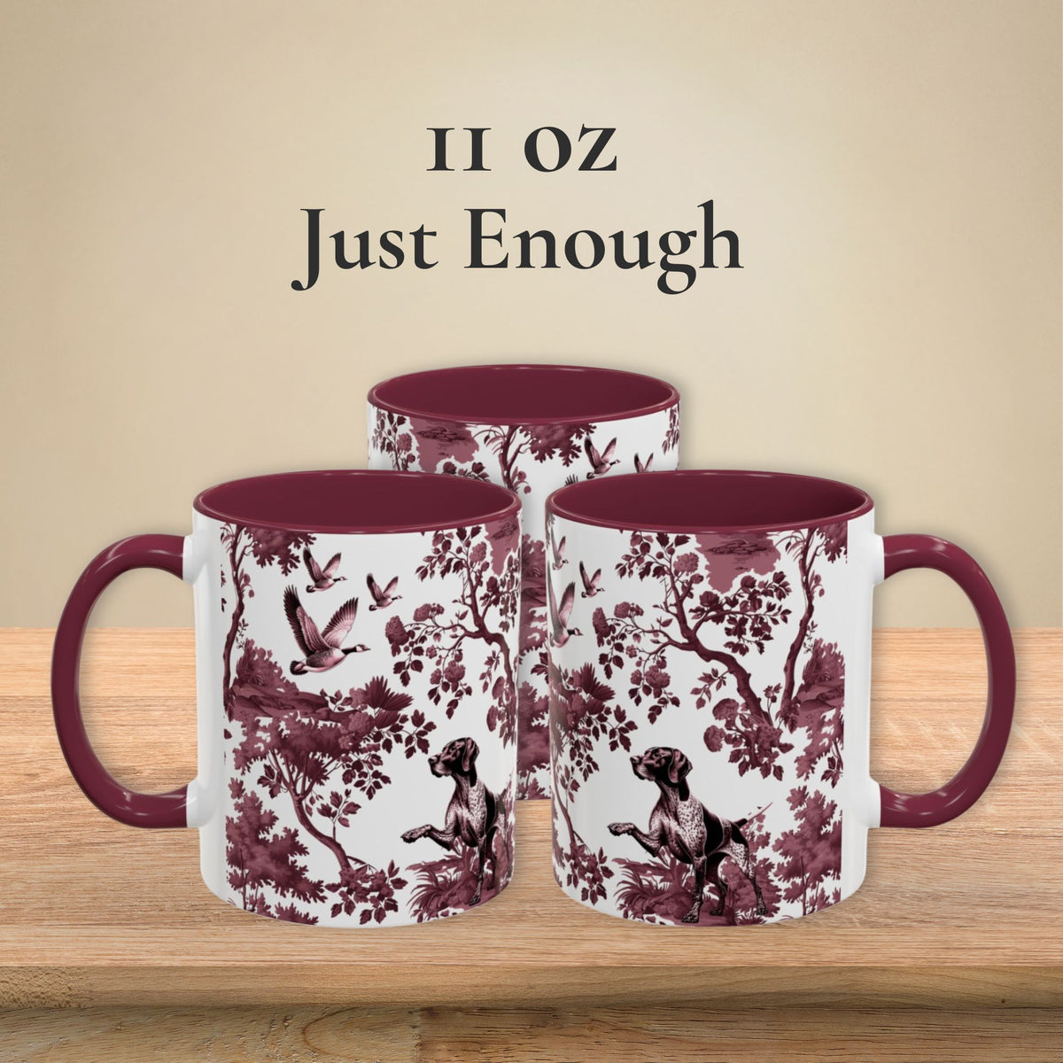 German Shorthaired Pointer cranberry toile 11 oz ceramic mug, left, front and right views