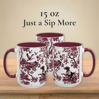 German Shorthaired Pointer cranberry toile 15 oz ceramic mug, left, front and right views