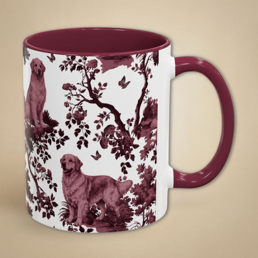 Golden Retriever cranberry toile 11 oz ceramic mug, right view