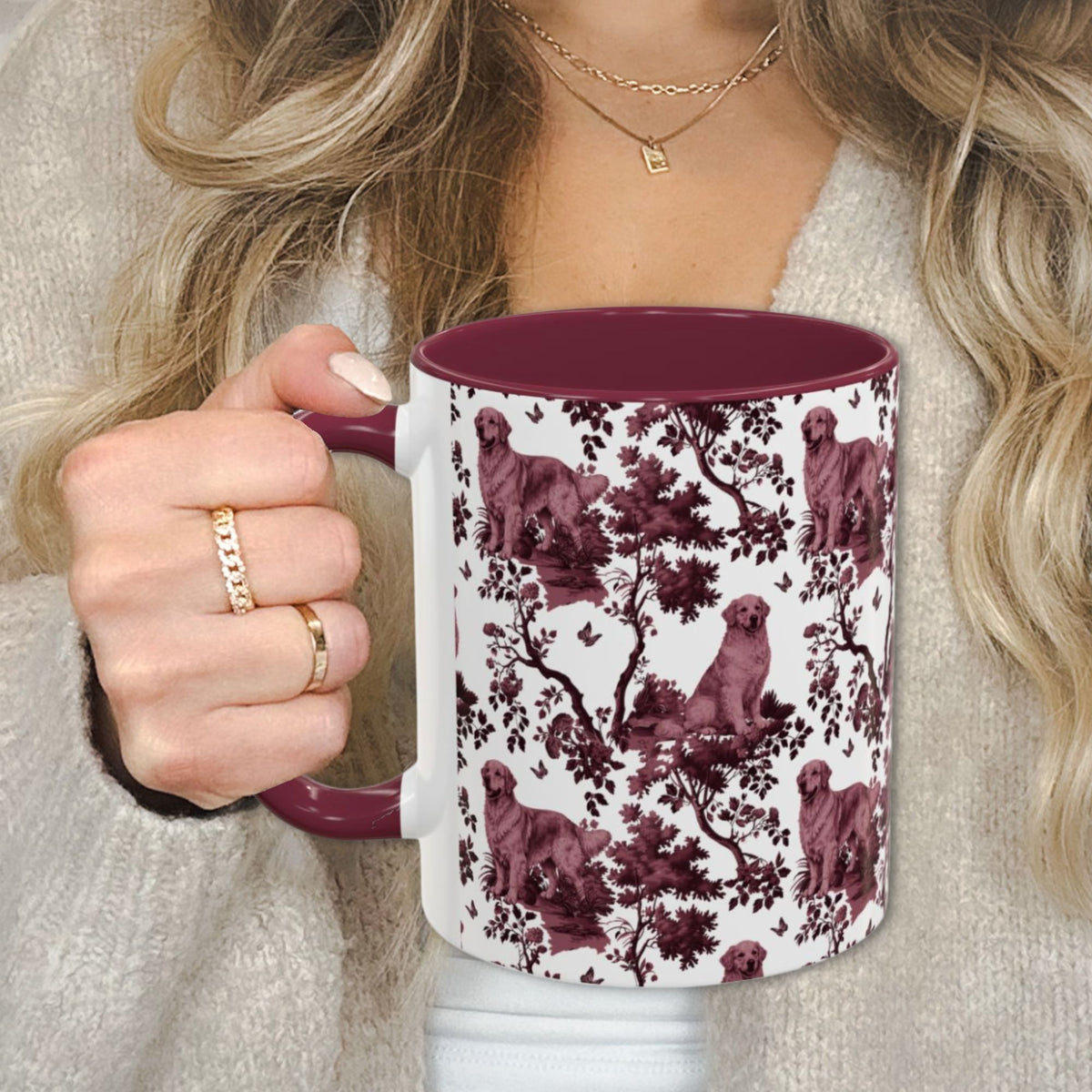 Golden Retriever petite cranberry toile 11 oz ceramic mug, left view