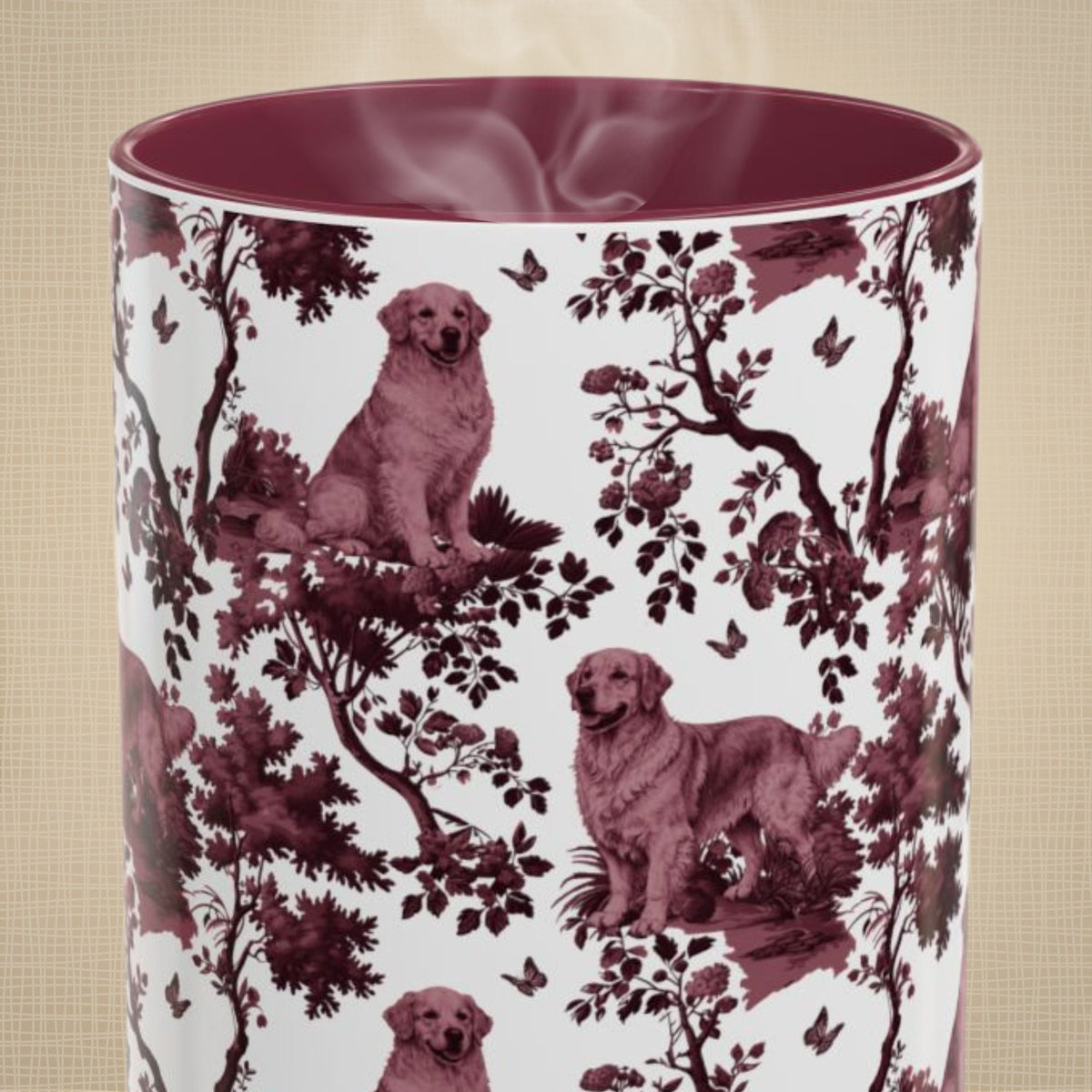 Golden Retriever petite cranberry toile 15 oz ceramic mug, front view