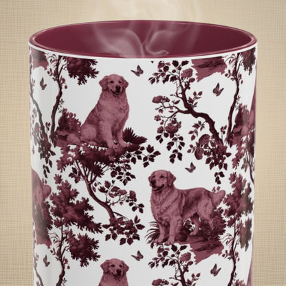 Golden Retriever petite cranberry toile 15 oz ceramic mug, front view