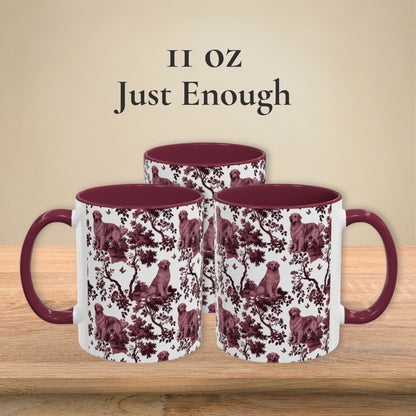 Golden Retriever petite cranberry toile 11 oz ceramic mug, left, front and right views