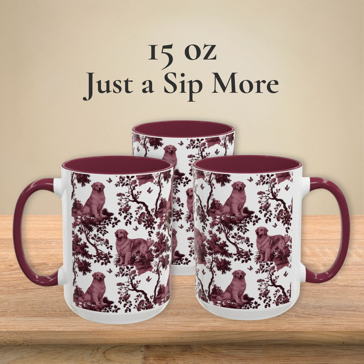 Golden Retriever petite cranberry toile 15 oz ceramic mug, left, front and right views