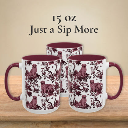 Golden Retriever petite cranberry toile 15 oz ceramic mug, left, front and right views