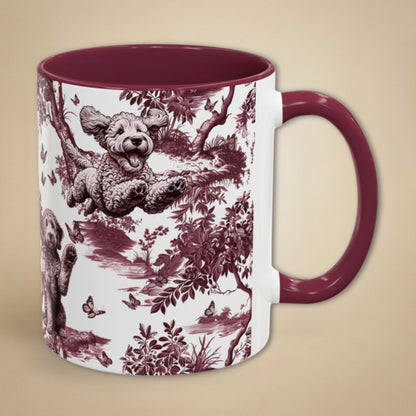 Goldendoodle cranberry toile 11 oz ceramic mug, right view