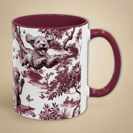 Goldendoodle cranberry toile 11 oz ceramic mug, right view