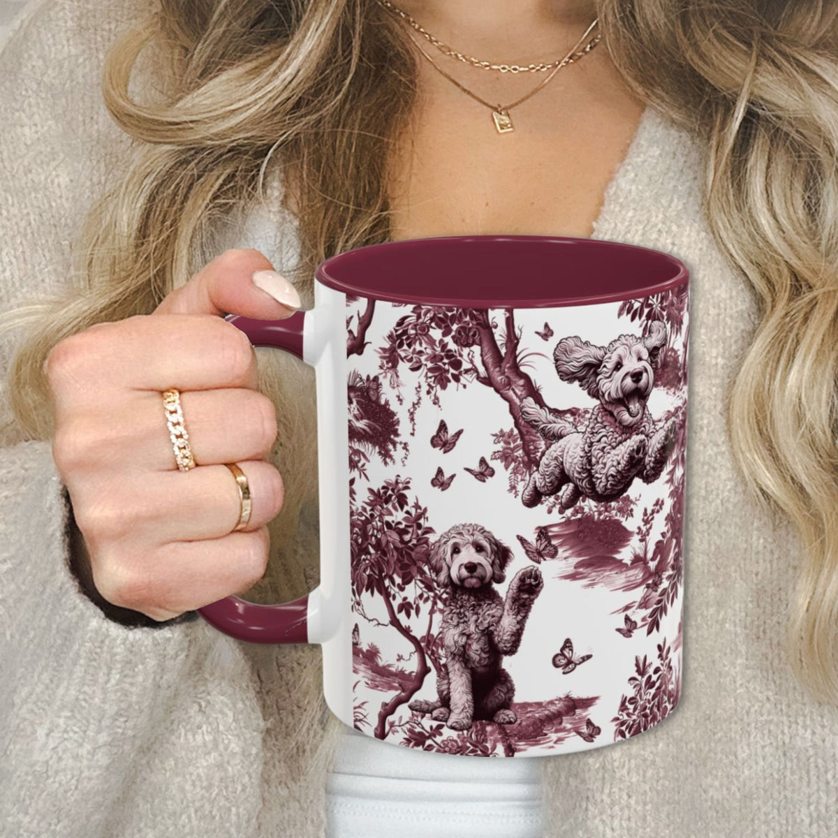 Goldendoodle cranberry toile 11 oz ceramic mug, left view