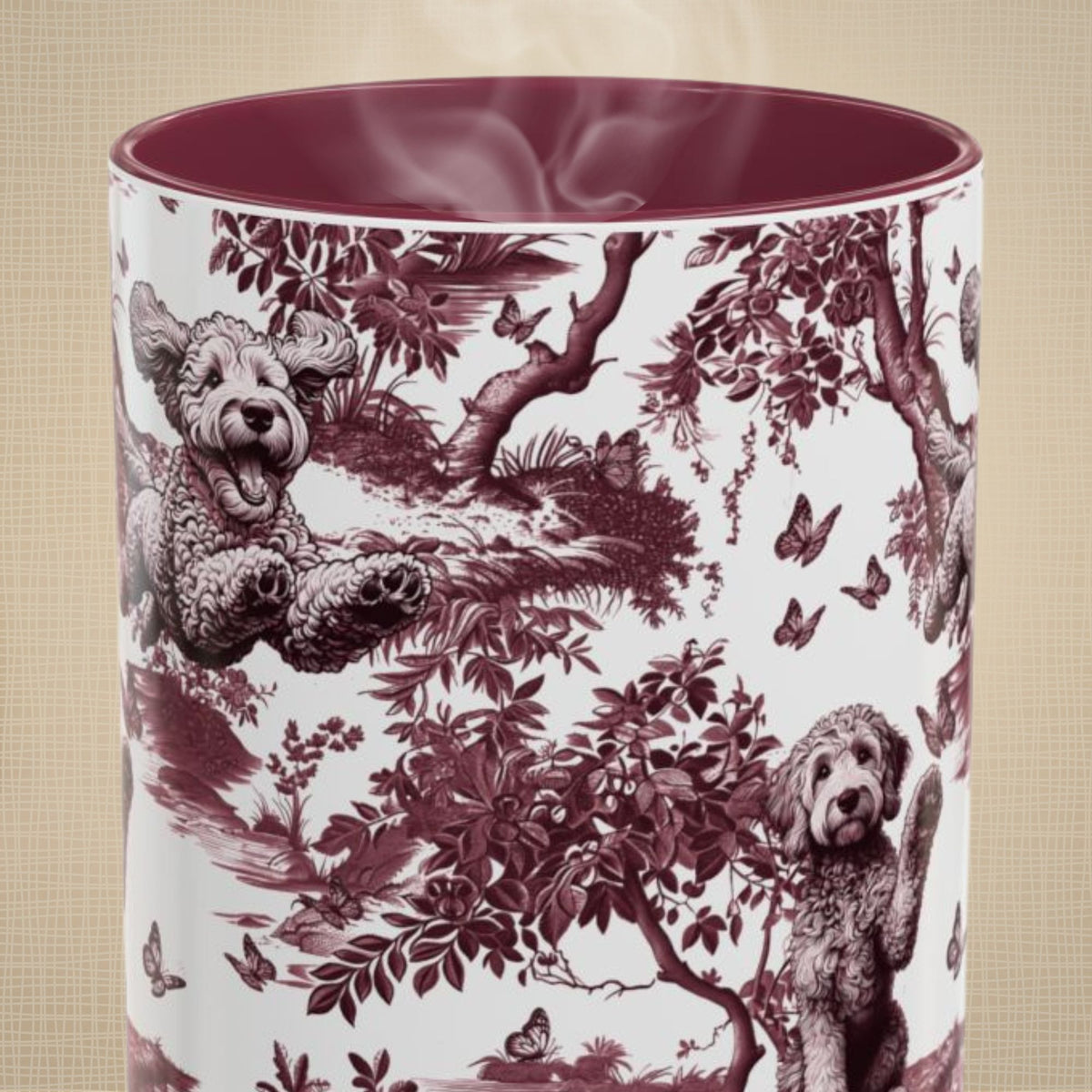 Goldendoodle cranberry toile 15 oz ceramic mug, front view