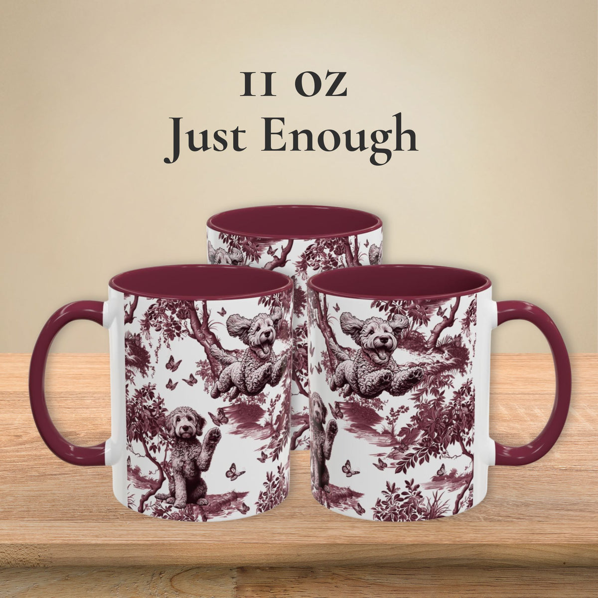 Goldendoodle cranberry toile 11 oz ceramic mug, left, front and right views