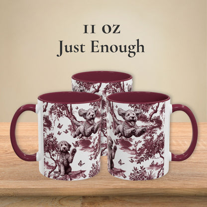 Goldendoodle cranberry toile 11 oz ceramic mug, left, front and right views