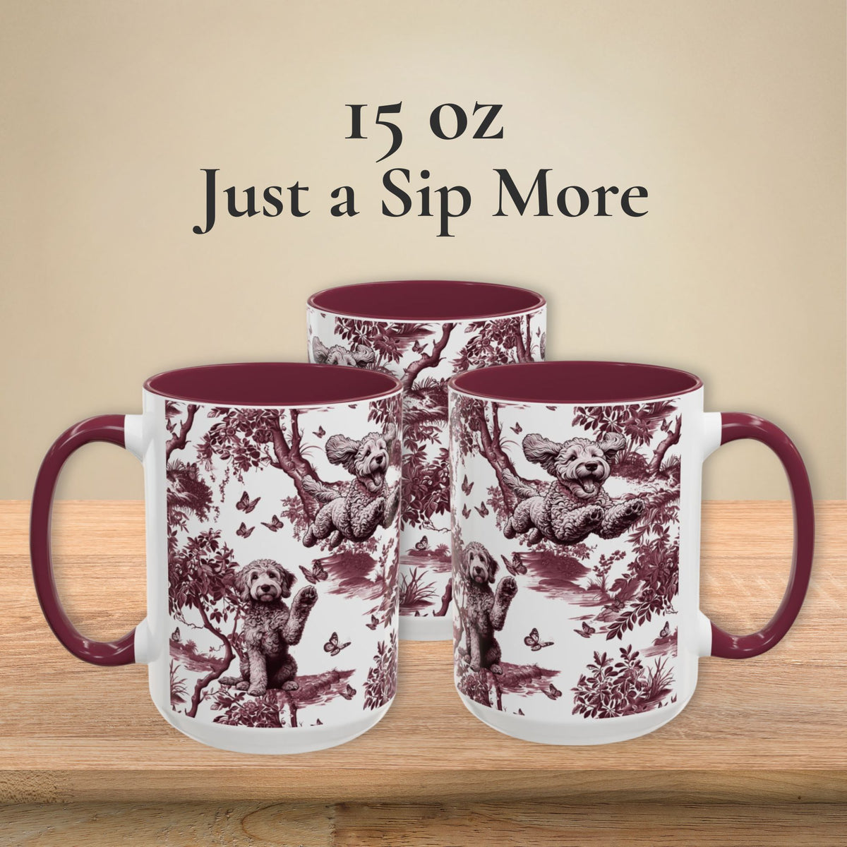 Goldendoodle cranberry toile 15 oz ceramic mug, left, front and right views