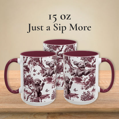 Goldendoodle cranberry toile 15 oz ceramic mug, left, front and right views