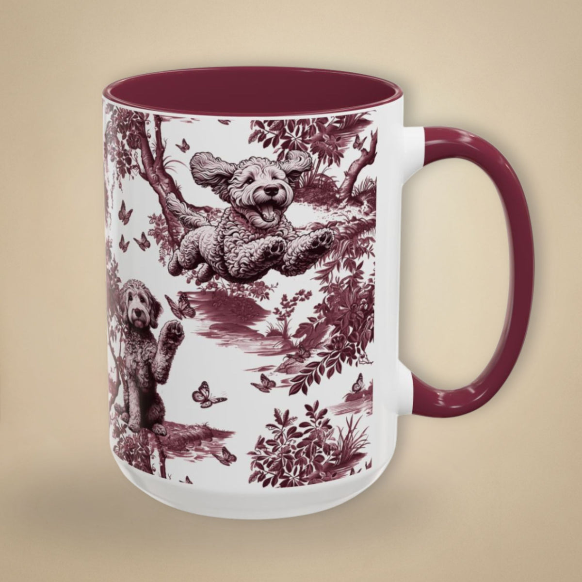 Goldendoodle cranberry toile 15 oz ceramic mug, right view