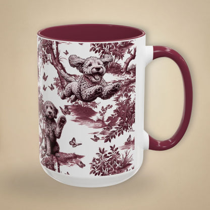 Goldendoodle cranberry toile 15 oz ceramic mug, right view
