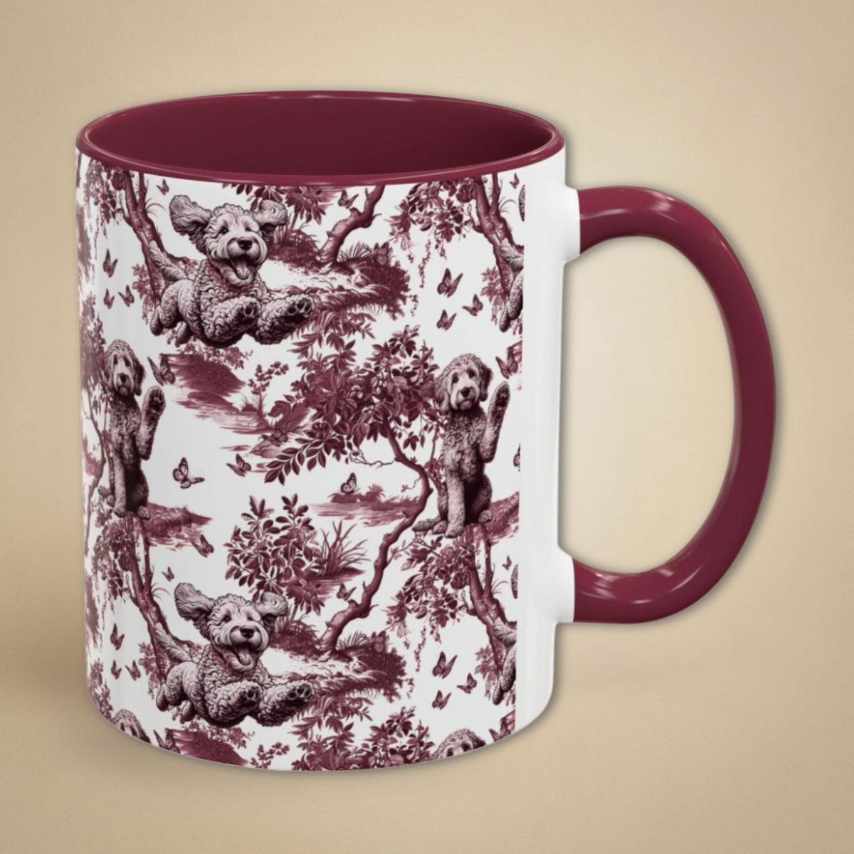 Goldendoodle petite cranberry toile 11 oz ceramic mug, right view