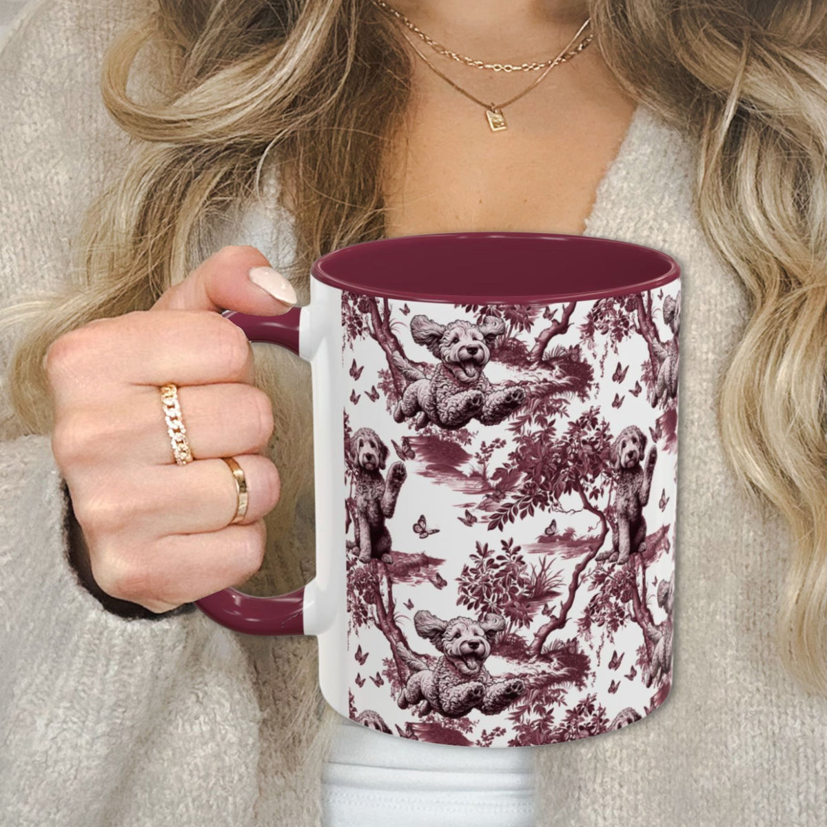 Goldendoodle petite cranberry toile 11 oz ceramic mug, left view
