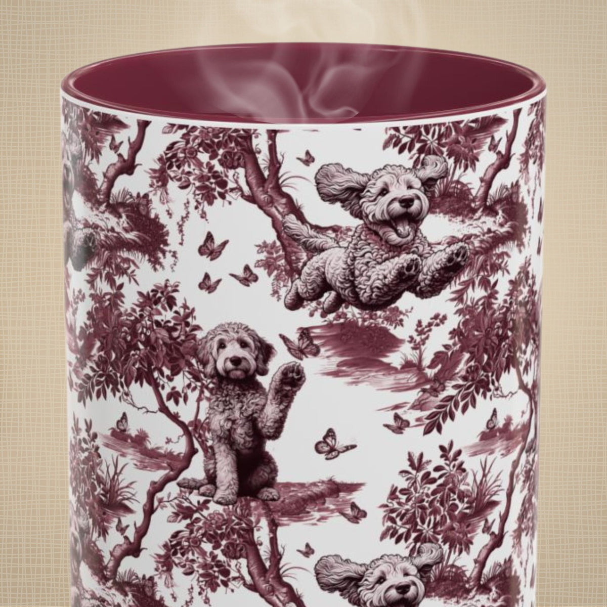 Goldendoodle petite cranberry toile 15 oz ceramic mug, front view