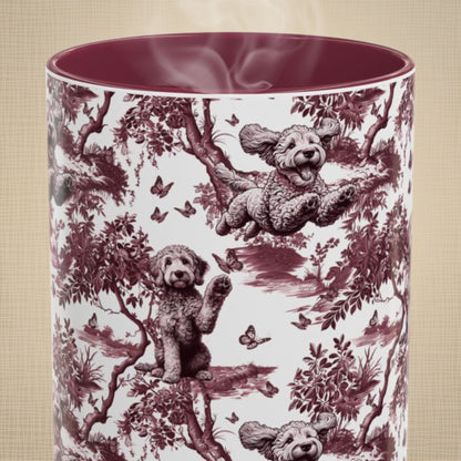 Goldendoodle petite cranberry toile 15 oz ceramic mug, front view