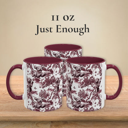 Goldendoodle petite cranberry toile 11 oz ceramic mug, left, front and right views